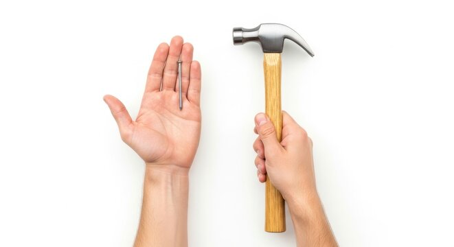 He holds a hammer in one hand and a nail in the other.