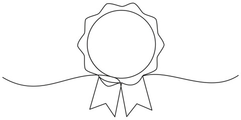 Medal with ribbons in one line art style. Medal drawing with editable black stroke on transparent background. Vector illustration.