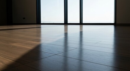 Fototapeta premium Bright room with sunlit wood floor, reflecting window and exterior light