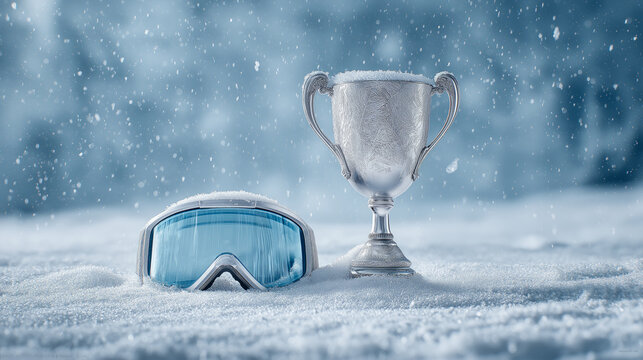 Silver trophy and ski goggles on snow. Winter sports, victory and achievement concept, copy space for text or advertising.