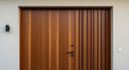 Obraz premium Brown wooden door with vertical panels in wall, mounted outdoor light