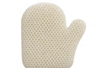 Beige exfoliating bath mitt on a transparent background for personal hygiene and skin care