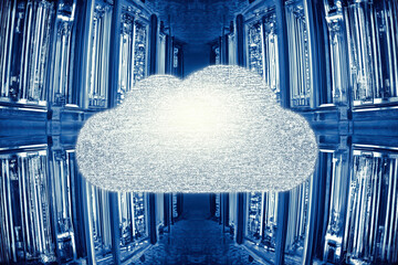 Bright Digital Cloud Floating Down Data Center Server Racks Corridor