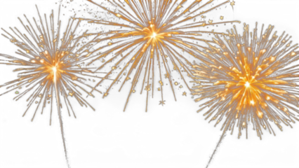 Golden fireworks burst with sparkling trails, isolated on white background, perfect for celebration, New Year, or festive event designs.
