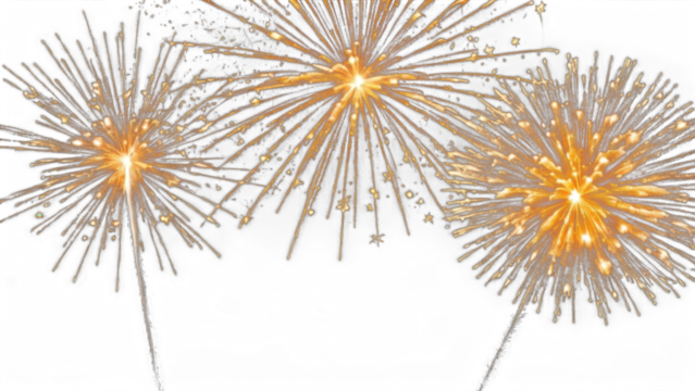 Golden fireworks burst with sparkling trails, isolated on white background, perfect for celebration, New Year, or festive event designs.