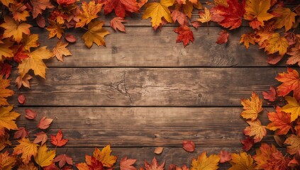 Autumnal Composition on Wood, a Gradient of Orange, Yellow, and Burgundy.