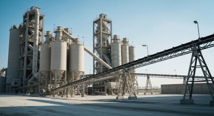 Obraz premium Cement factory with silos, conveyors, and towers under a clear blue sky