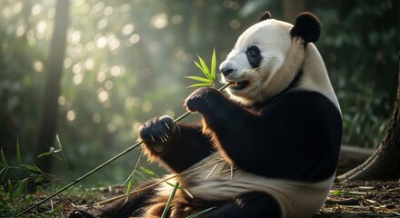 Panda eating bamboo in a sunlit forest