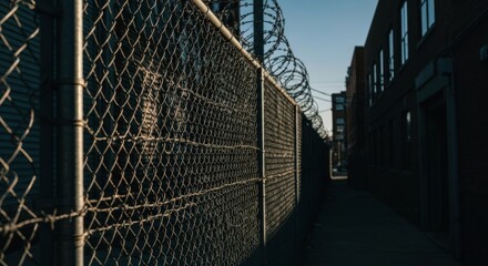Chainlink fence topped with barbed wire along building alleyway