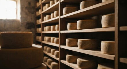 Cheese wheels aged on wooden shelves in a rustic room with a small window