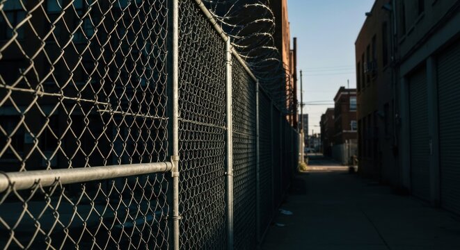 Chain-link fence with barbed wire, leading into dark alleyway buildings - Powered by Adobe