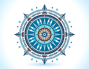 A symmetrical radial design featuring a detailed compass rose in shades of blue, brown and white on a gradient background