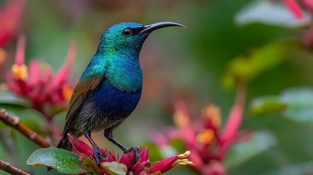 Close up of a vibrant sunbird perched on a branch with red flowers in a natural setting outdoors