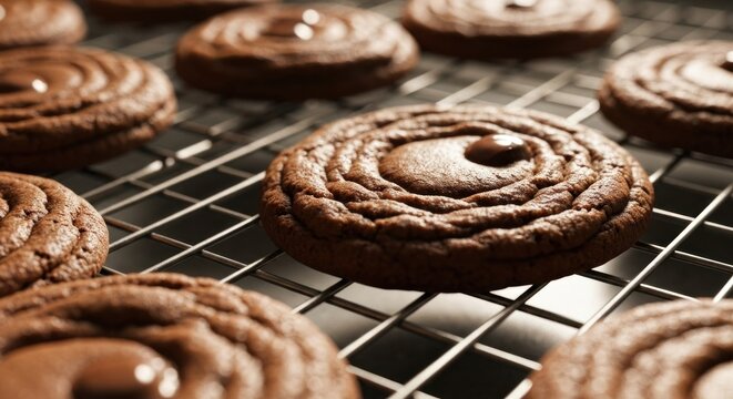 Chocolate cookies cooling on a wire rack, focus on the foreground cookie