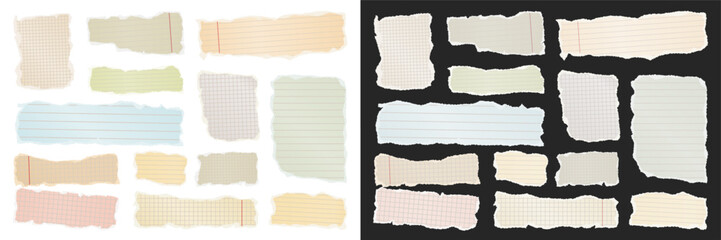 Ripped paper strips. Realistic crumpled paper scraps with torn edges. Shreds of notebook, book or old newspaper pages. Trendy collage elements. Vector illustration.