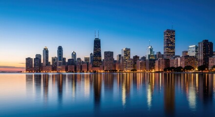 City skyline at twilight reflects in water