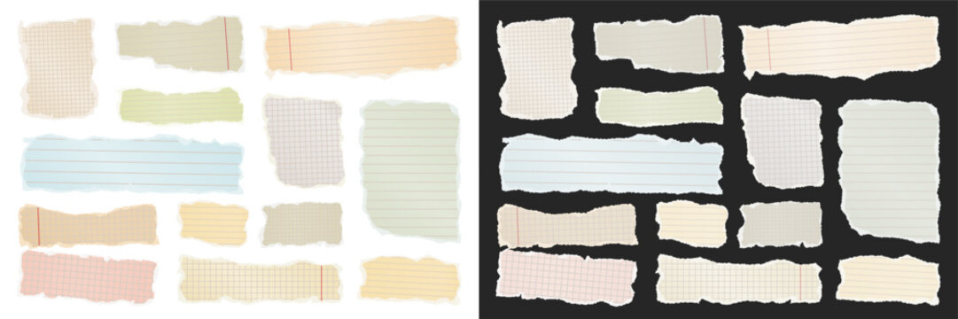 Ripped paper strips. Realistic crumpled paper scraps with torn edges. Shreds of notebook, book or old newspaper pages. Trendy collage elements. Vector illustration.