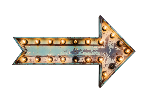Rustic metal marquee arrow with glowing bulbs indicating direction. This vintage path guide sign features a weathered, natural rust texture on an isolated background