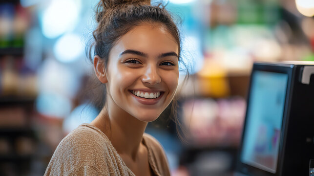 Retail associate smiling during customer service
