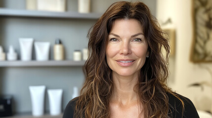 Smiling client post antiaging facial, vibrant and confident aura