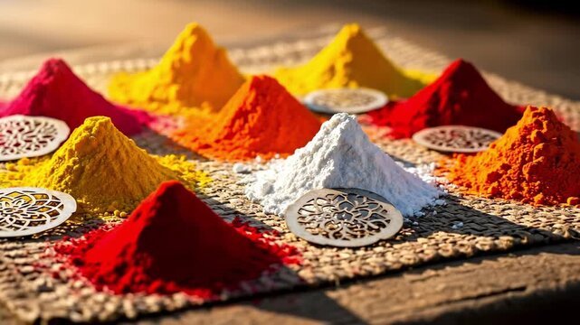 A Vibrant Display of Colorful Powders and Decorative Stencils on a Textured Surface, Ideal for Festivals and Art Craft in Indian Culture