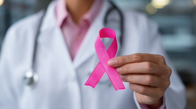Medical professional holding pink awareness ribbon symbolizing breast cancer awareness and support in healthcare setting for informational campaigns and events