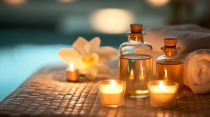 Soft candlelight and glass bottles of essential oils beside facial massage table, elegant spa setup