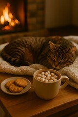 猫と暖炉とホットチョコレートの冬の夜｜Cat by Fireplace with Hot Chocolate