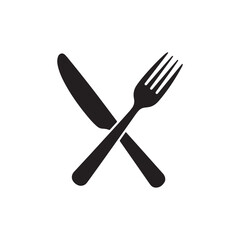 A black silhouette of a fork and knife crossed, isolated on a, representing dining and food