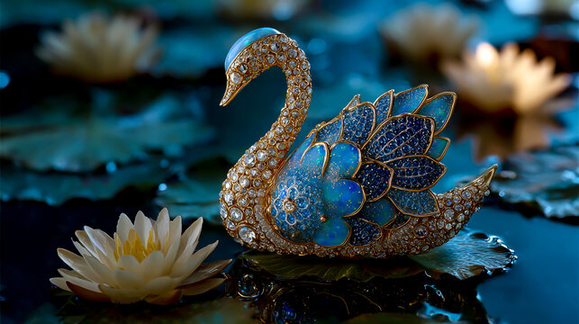 A gorgeous golden swan brooch with blue opal