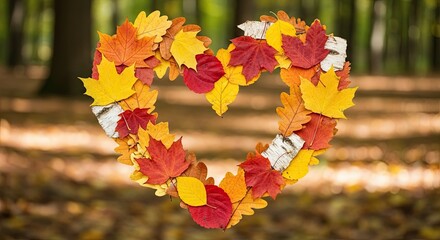 Heart-shaped autumn leaves wreath in a forest setting, fall season.