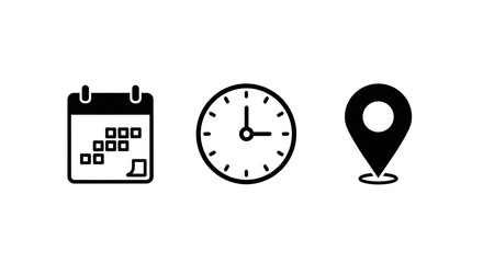 Minimalist black icons for date, time, and location. Ideal for event scheduling, app interfaces, and website design.
