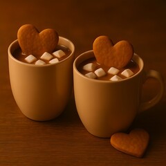 ハートクッキー入りのホットチョコレートカップ｜Two Cups of Hot Chocolate with Heart Cookies