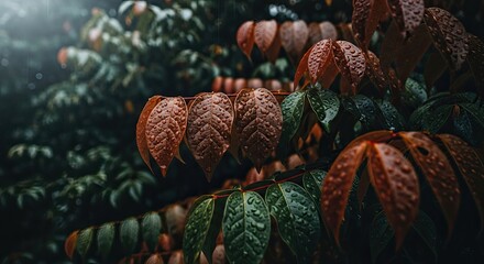 Mysterious red and green leaves in a dark moody forest.