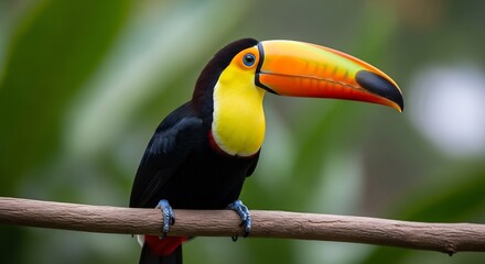 Fototapeta premium Toucan perched on a branch with colorful beak and yellow chest