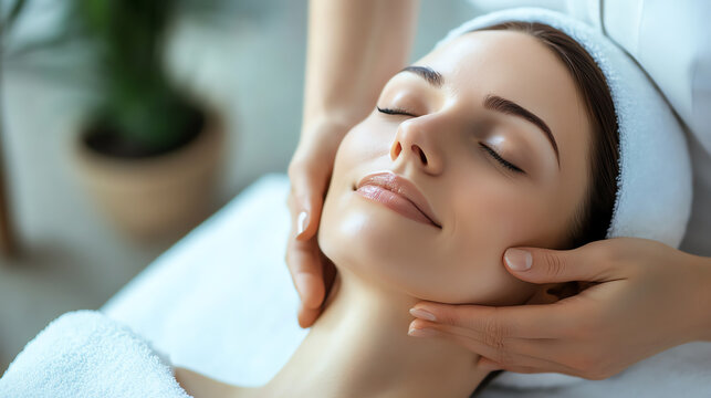 Therapist massaging jawline to reduce tension, wellness and aesthetics