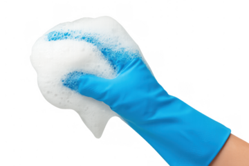 Hand in blue rubber glove cleaning with a white soap foam and sponge, showing hygiene services on transparent background