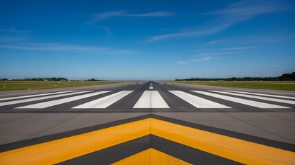 Fototapeta premium Empty airport runway with clear blue sky and bright markings, ready for takeoff and travel