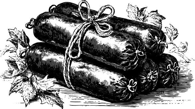 Vintage sausage illustration in black engraving style featuring a detailed hand-drawn outline. The set showcases cured meat wrapped with rope and garnished by leaves.