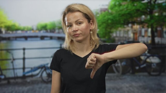 Blonde woman shows thumbs down gesture on street by canal and bicycle railing in city scene; disapproval dissent.