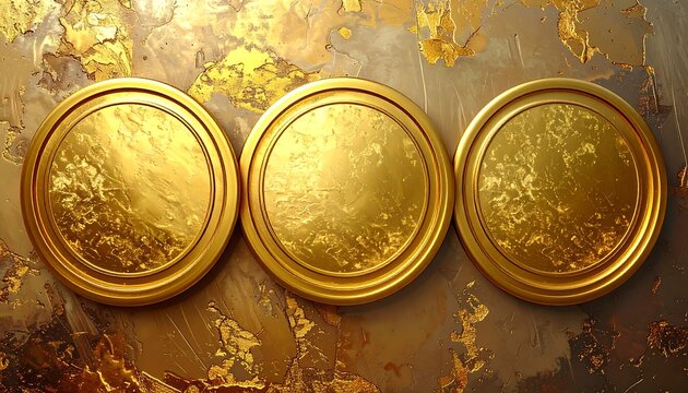 Three circular, golden objects with textured surfaces are arranged horizontally on a similarly colored, abstract backdrop. The items appear to be highly reflective