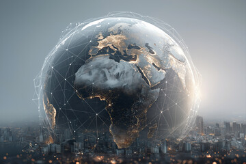 Digital Global Connectivity Sphere Encircling Earth Above Modern Cityscape Skyline