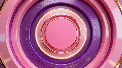 Vibrant 3D concentric circles in pink, purple & gold create a hypnotic tunnel effect, glossy metallic rings with soft gradients evoke luxury & depth