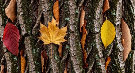 Vibrant autumn leaves resting on dark textured tree bark.