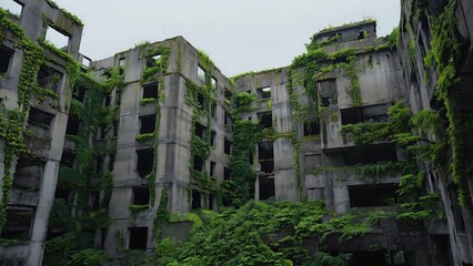 Overgrown abandoned building with plants and vines covering the walls, creating a haunting and eerie atmosphere of decay and neglect