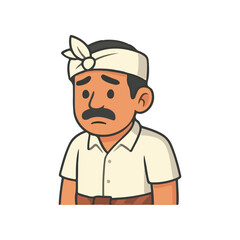 Balinese man with mustache showing sad expression. Traditional Indonesian man wearing white udeng and white shirt.