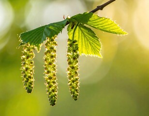 Obraz premium Close-up of tree branch with green leaves and catkins, sunlit backdrop