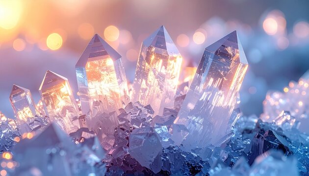 Close-up of translucent, glowing crystal formation with soft bokeh