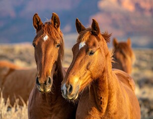 Obraz premium Close-up of two chestnut-colored wild horses in a natural landscape