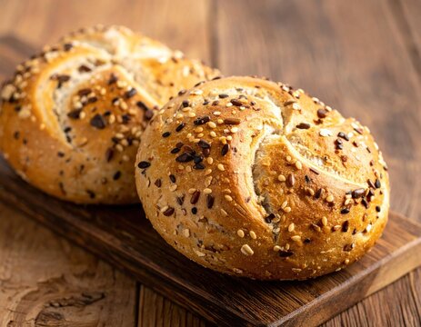 Close-up of two crusty rolls with seeds, on a wooden board - Powered by Adobe